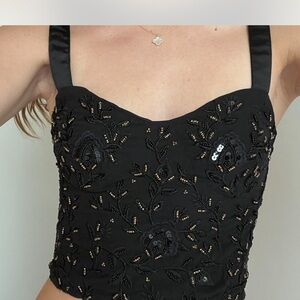 Zara Black Fitted crop top with floral embroidered sequin beading in size small